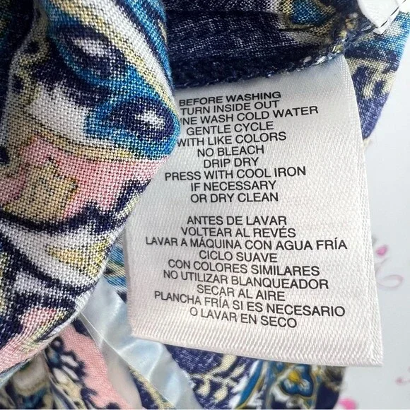 Anne Klein shirt long sleeve Navy Paisley Blouse with Coral and Teal Accents - Picture 9 of 12